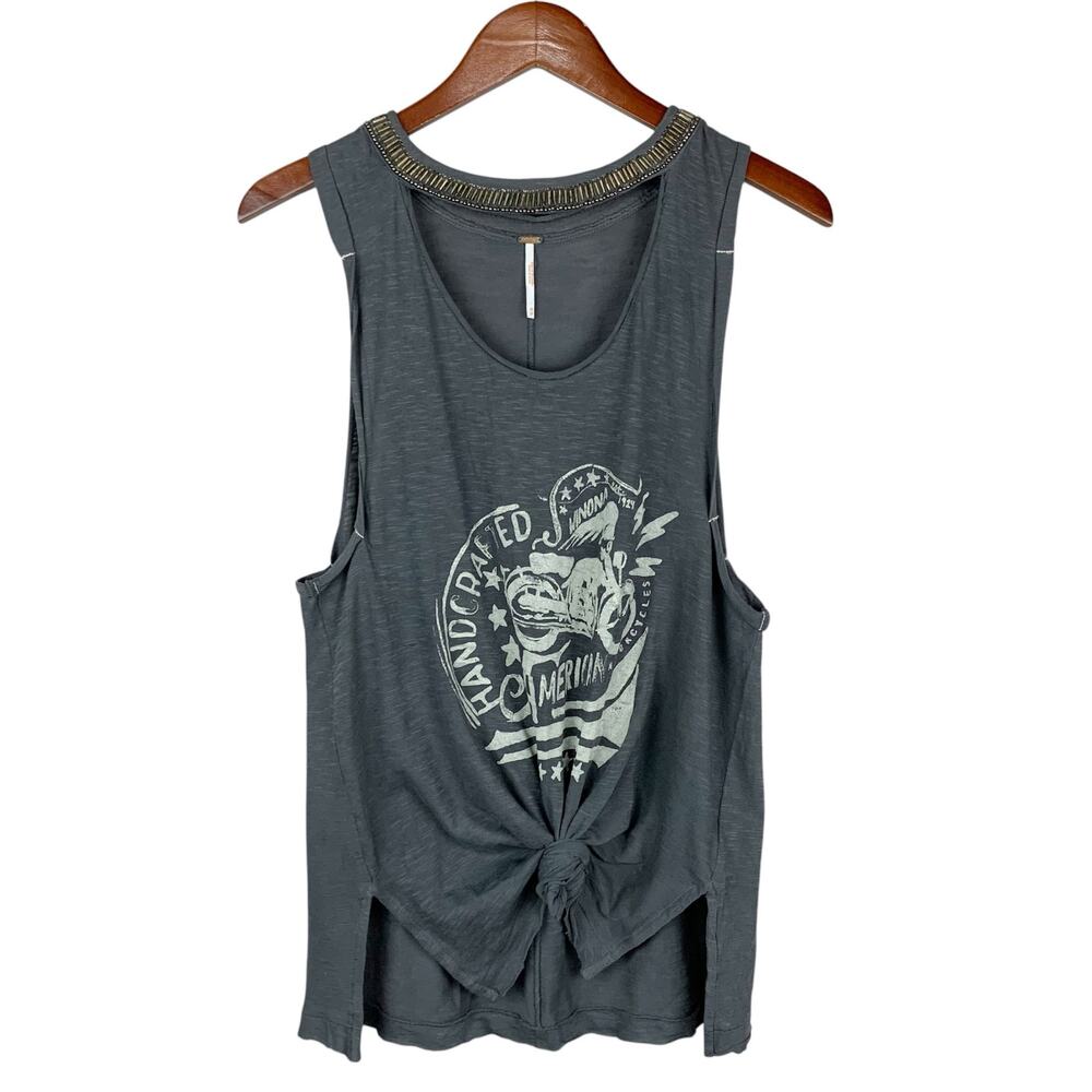 Free People Charcoal Gray Graphic Knot-Front Tank Top
